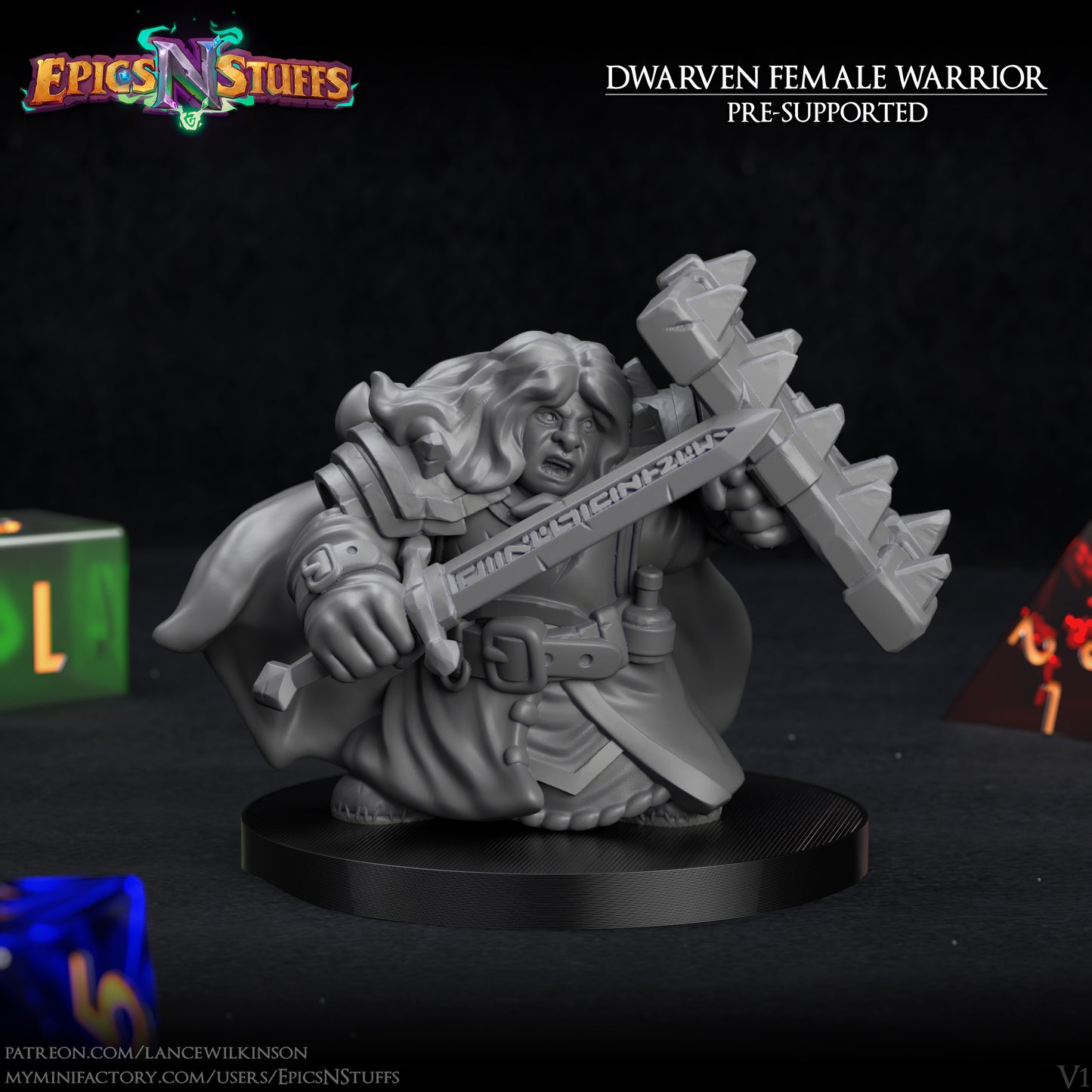 Dwarven Female Warrior, 3D Printed Resin Miniature