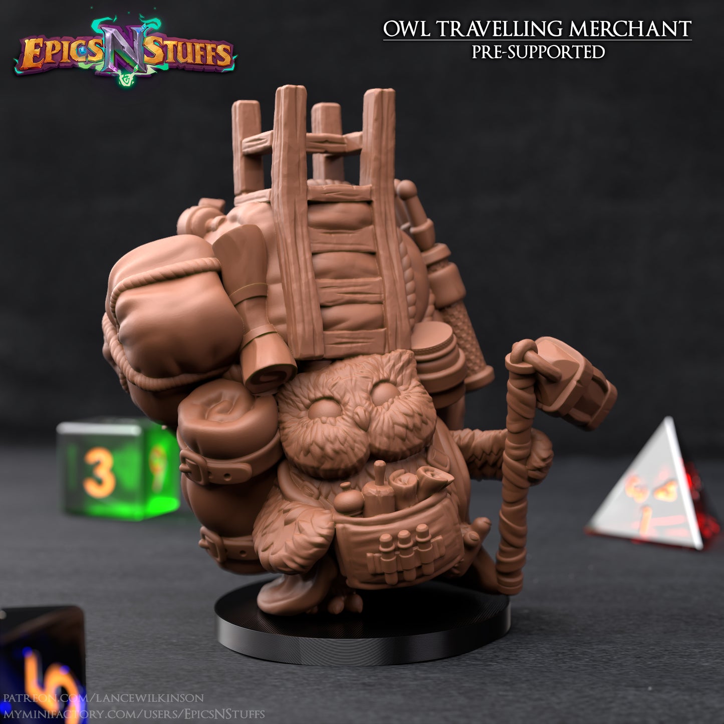 Owlkin Travelling Merchant, 3D Printed Miniature