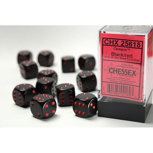 Chessex - Opaque 16mm D6 Dice Block - Black w/Red