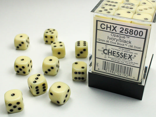 Chessex - Opaque 12mm D6 Dice Block - Ivory w/Black