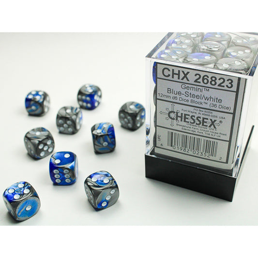 Chessex - Gemini 12mm D6 Dice Block - Blue & Steel w/White