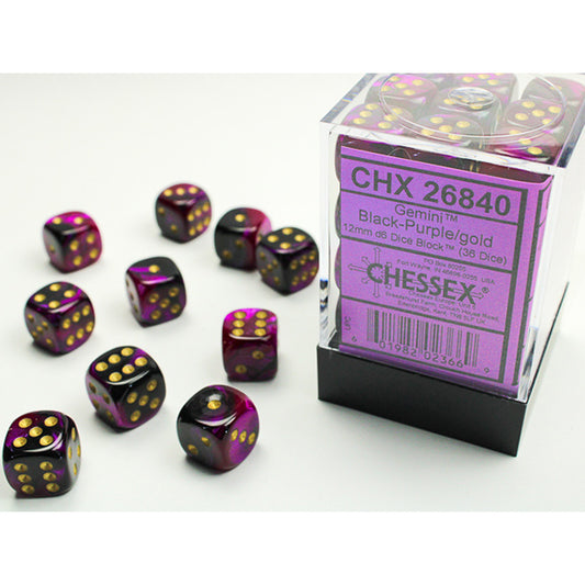 Chessex - Gemini 12mm D6 Dice Block - Black & Purple w/Gold