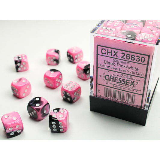 Chessex - Gemini 12mm D6 Dice Block - Black & Pink w/White