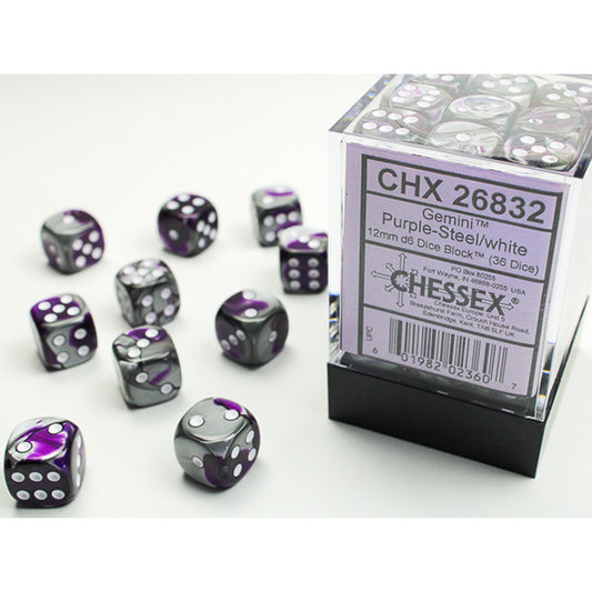 Chessex - Gemini 12mm D6 Dice Block - Purple & Steel w/White