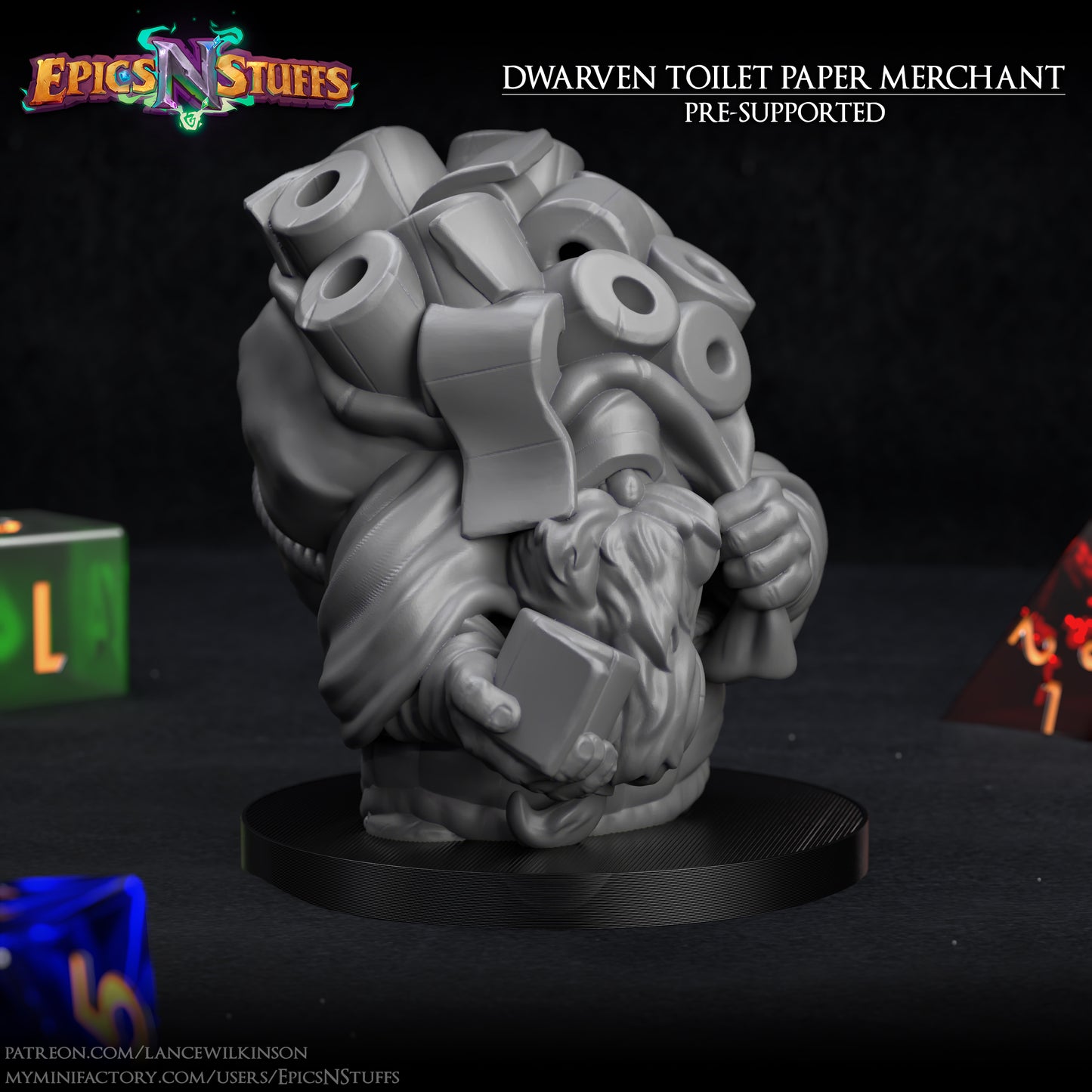 Dwarven Toilet Paper Merchant, 3D Printed Resin Miniature