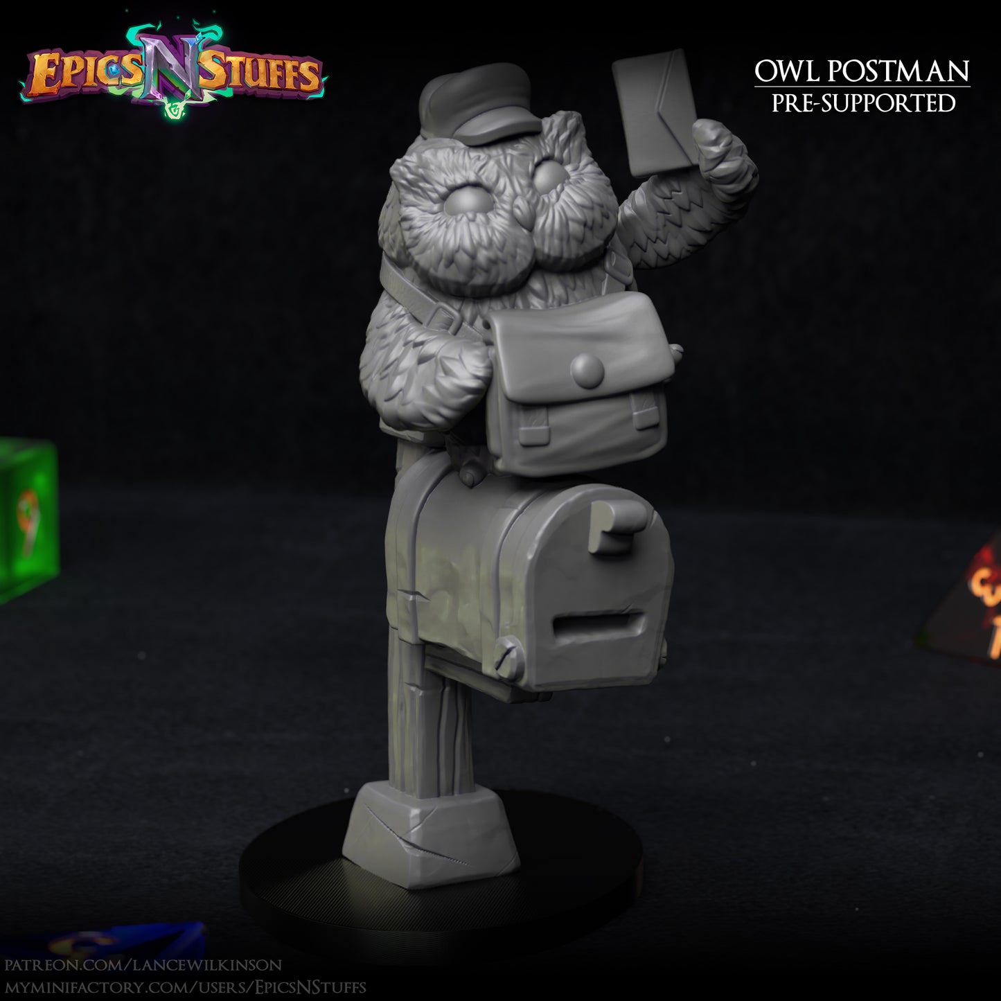 Owlkin Postman on Postbox, 3D Printed Miniature