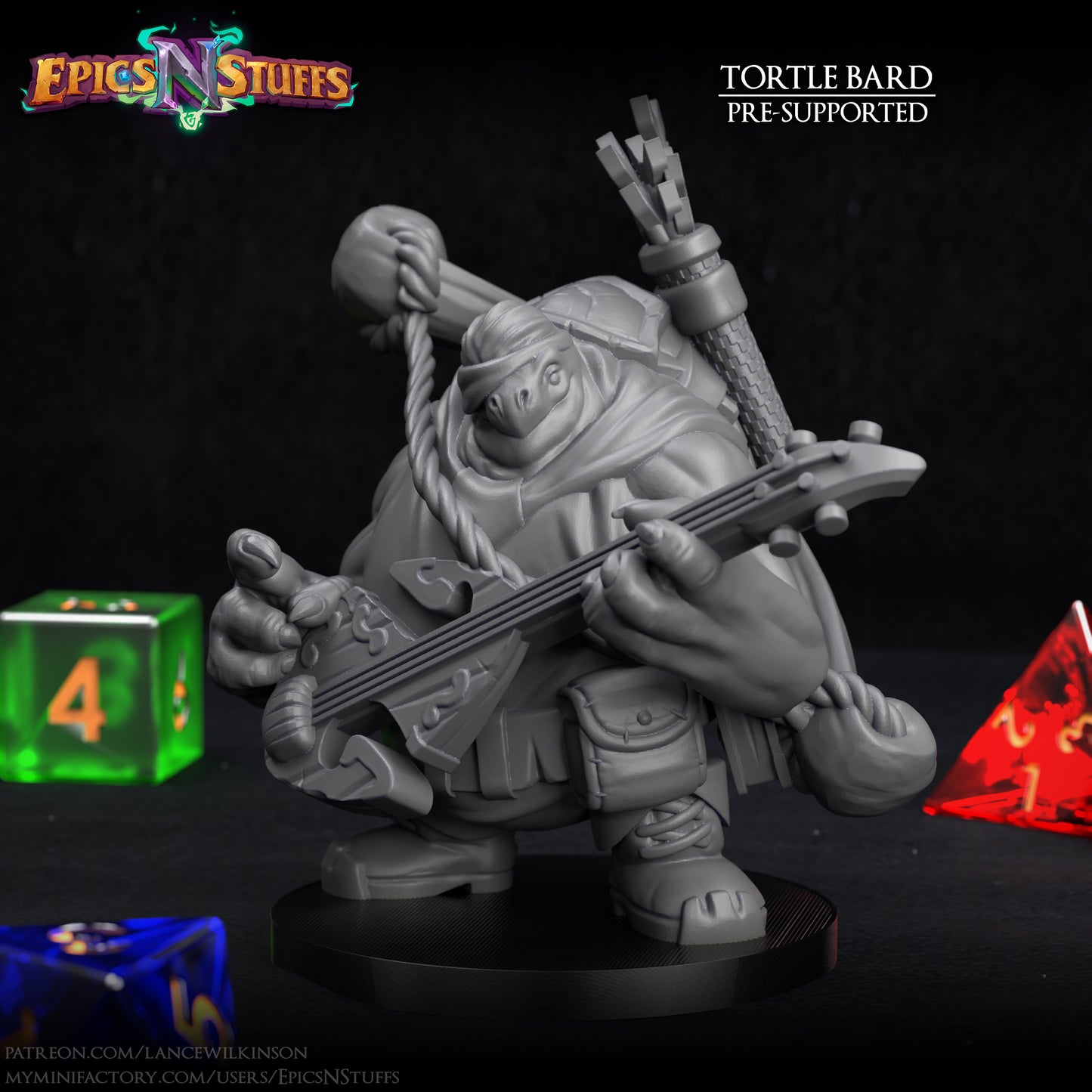 Tortle Bard, 3D Printed Resin Miniature