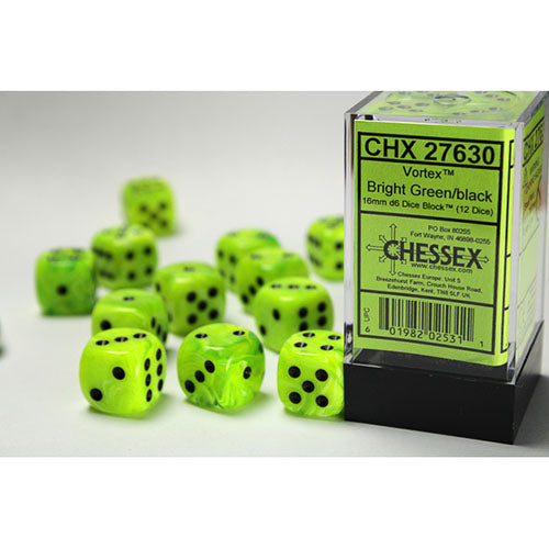 Chessex - Vortex 16mm D6 Dice Block - Bright Green & w/Black